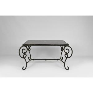 "cordages" Wrought Iron Coffee Table With Patina And Black Marble, Circa 1940