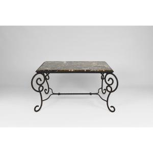 Wrought Iron Coffee Table "ropes" Patinated And Marble, Circa 1940