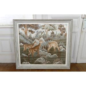 Large Indochinese Silk Embroidered Hanging, Framed, "deer In The Forest", Vietnam, 1940
