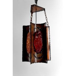 Suspension / Chandelier, Potiers d'Accolay, Patinated Copper/multicolored Resin Medallions, 1970