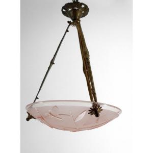 Suspension / Chandelier In Bronze And Bowl In Pressed Molded Glass With Butterfly Decoration, Degué, 1930