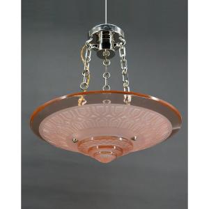 Modernist Art Deco Chandelier / Pendant Light, Pink Glass & Chromed Bronze, Petitot, Circa 1935