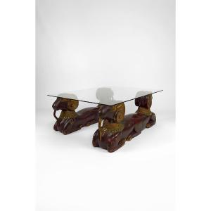 Hollywood Regency Carved Wood Ram Coffee Table, Circa 1970