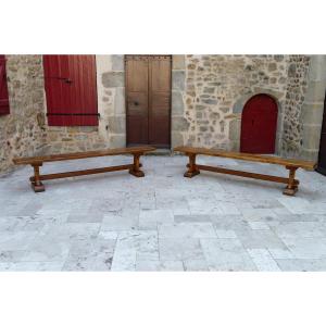 Pair Of Monastic Community Benches In Oak, France, Early 20th Century
