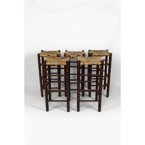 Set Of 5 Bar Stools In The Style Of Charlotte Perriand, Mid-century, France