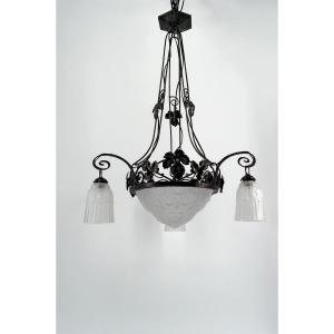 Important Wrought Iron Chandelier With Tulips And Pressed-molded Glass Bowl, Art Deco, France, 1930