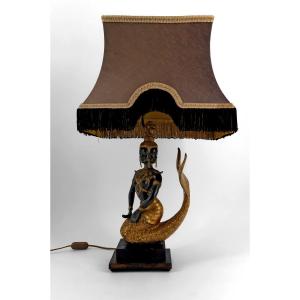 Sculptural Bronze Lamp, Double Green And Gold Patina, Mermaid Princess Suvannamaccha, 20th Century