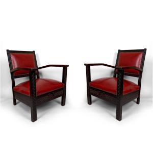 Pair Of Art Deco Colonial Carved Wood Armchairs, French Algeria, Circa 1930