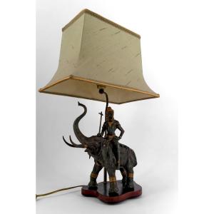 Double Patina Bronze Sculptural Lamp Depicting Indra On Airavata, Thailand, 20th Century