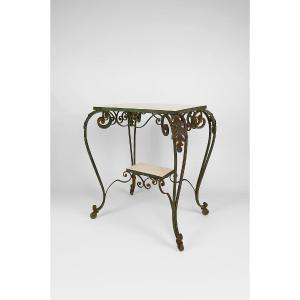 Art Deco Wrought Iron And Travertine Rolling Cart, France, 1940s