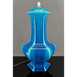 Important Porcelain Lamp With Blue Crackle Enamel, France, Circa 1940
