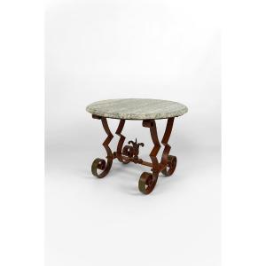 Round Pedestal Table / Art Deco Coffee Table In Marble And Wrought Iron, Circa 1940