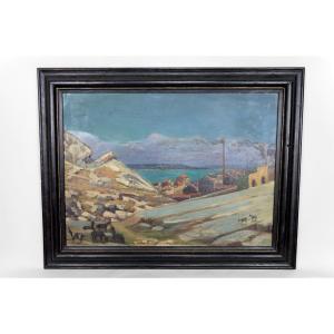 Painting, Oil On Panel, Mediterranean Coastal Town, France, Circa 1930