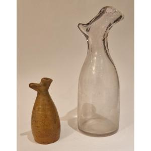 Two Baby Bottles Said To Be Bizolaine Glass And Stoneware, 19th Century