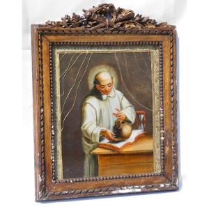 Painting Fixed Under Glass, Saint Bruno, The Chartreux Vanity Frame Louis XVI Style Skull