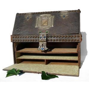 Writing Case / Neo-gothic Style Mail Holder, 19th Century, Art Nouveau Hunting / Chest , Box With Secret Drawer, Coat Of Arms, Crown Of Viscount