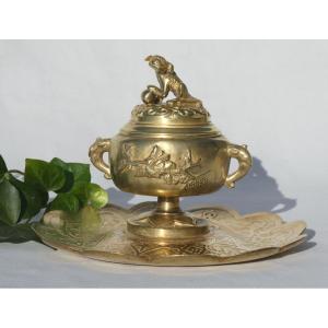 Inkwell In Gilt Bronze Napoleon III, Signed Alphonse Giroux, Nineteenth Japanese Decor