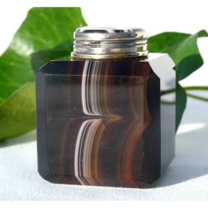 Inkwell In Agate Period 1900, Hard Stone, Writing Object From The Belle Epoque