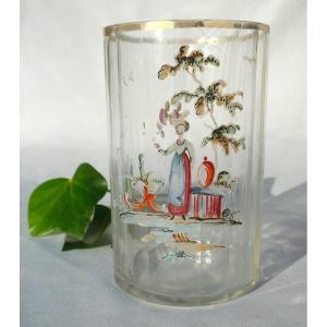 Glass / Goblet With Cut Sides In Enamelled Glass Decorated With A Young Woman Eighteenth Century