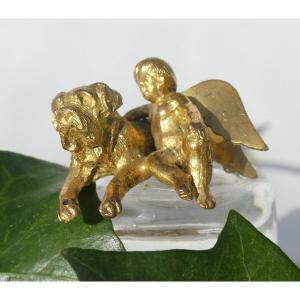 Small Gilt Bronze Vienna Style, Allegory Of Love And Fidelity, Dog & Angel Nineteenth