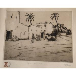 Orientalist Strong Water Signed By Jehan Frison, Place Bou Saada Art Deco 1926 Algeria