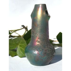 Miniature Vase In Iridescent Gres, Art Nouveau Decor By Clement Massier, Vallauris 1900 Style Montieres
