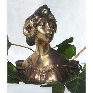 Bust Of A Young Woman Art Nouveau Style, 1900 Period, Bronze Patina Sculpture G. Vaerenbergh