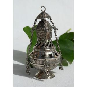 Miniature Censer In Silver Metal Napoleon III Period, Mass Game, Nineteenth Liturgy Toy