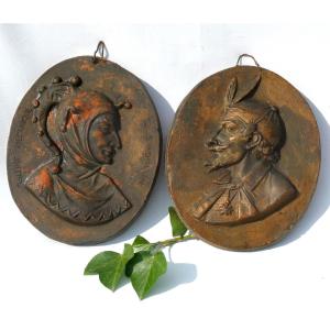 Pair Of Terracotta Profiles Mephostophiles & Neogothic Menestrel Napoleon III Nineteenth Faust