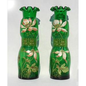 Pair Of Enameled Glass Vases, Legras Art Nouveau Period 1900 Bulb Vase, Orchids Nineteenth