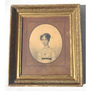 1820s Charcoal Portrait, Leopold Boilly Style, Frame In Wood & Golden Stucco