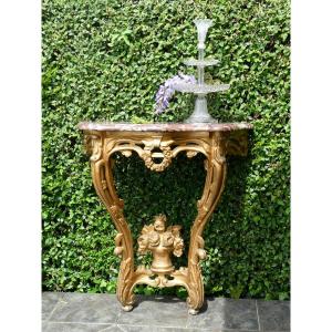 Wall Console In Golden Wood, 18th Century Style Napoleon III, Red Marble From Languedoc
