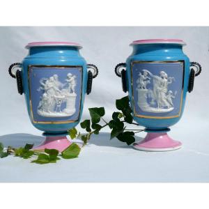 Pair Of Limoges & Biscuit Porcelain Vases, Empire Style Cameo, Napoleon III Henri Ardant 19th Century