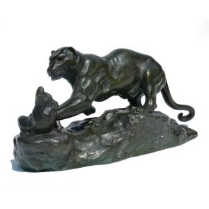 Patinated Bronze Animal Sculpture After Antoine Louis Barye, Panther Surprising A Zibeth