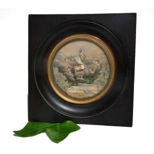 Silk Embroidery Napoleon III Period, Nineteenth Religious Scene Assumption Of The Virgin, Miniature