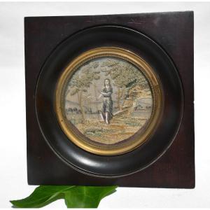 Silk Embroidery Napoleon III Period Nineteenth Religious Scene, Saint Joan Baptist , Miniature