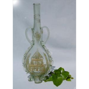 Altar Soliflore Vase / Wine Cruet Late 18th Century Engraved Glass Gourd Shape, O