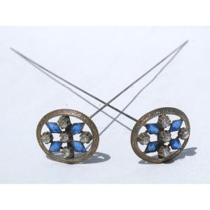 Pair Of 1910 Hat Pins, Sapphire Color Strass, Costume Hat Pin