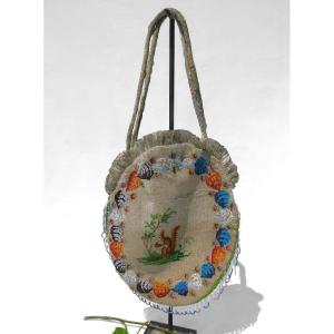 Napoleon III Style Beaded Handbag, Squirrel Decor And Pansies, Nineteenth Reticule,