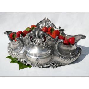 Table Planter In Silver Metal, Louis XV Style, Rocaille, 19th Century, Napoleon III