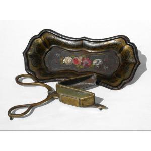 Mouchette Tray In Painted Tole, 19th Century Napoleon III Bouquet Of Flowers Decor