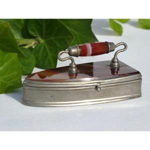 Napoleon III Period Stamp Box, Miniature Iron, 19th Century Writing Object, Agate