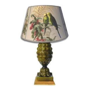 Large Living Room / Table Lamp In Italian Earthenware 1960, Majolica Pineapple Decor, Green