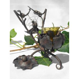 Inkwell In Hammered Metal, Art Nouveau Period, Circa 1915 Insect Spider Web 1900 Office