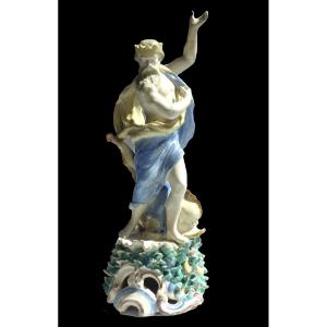 Large Subject Cracked Earthenware 19th Century Mythology Neptune / Poseidon Renaissance Style Never