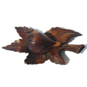 Inkwell In Carved Wood, Black Forest Style, Fig On Branch, Late 19th Century Period