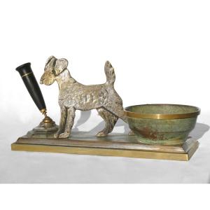 Empty Pocket In Patinated Bronze, Fox Terrier Period 1920, Signed Albert Marionnet, Pen Holder