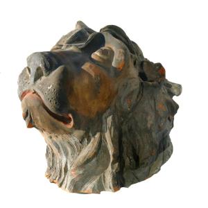 Important Gargoyle In Polychrome Terracotta, Lion's Head, 18th Century Period, Fountain