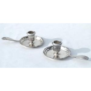 Pair Of Hand Candlesticks, Christofle Vendome Model, Silver Metal, Gallia, 