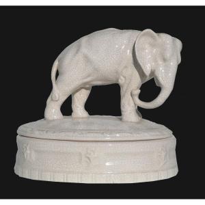 Jewelry Box In Cracked Earthenware, Art Deco Period, Elephant Box, Bonbonniere 1920